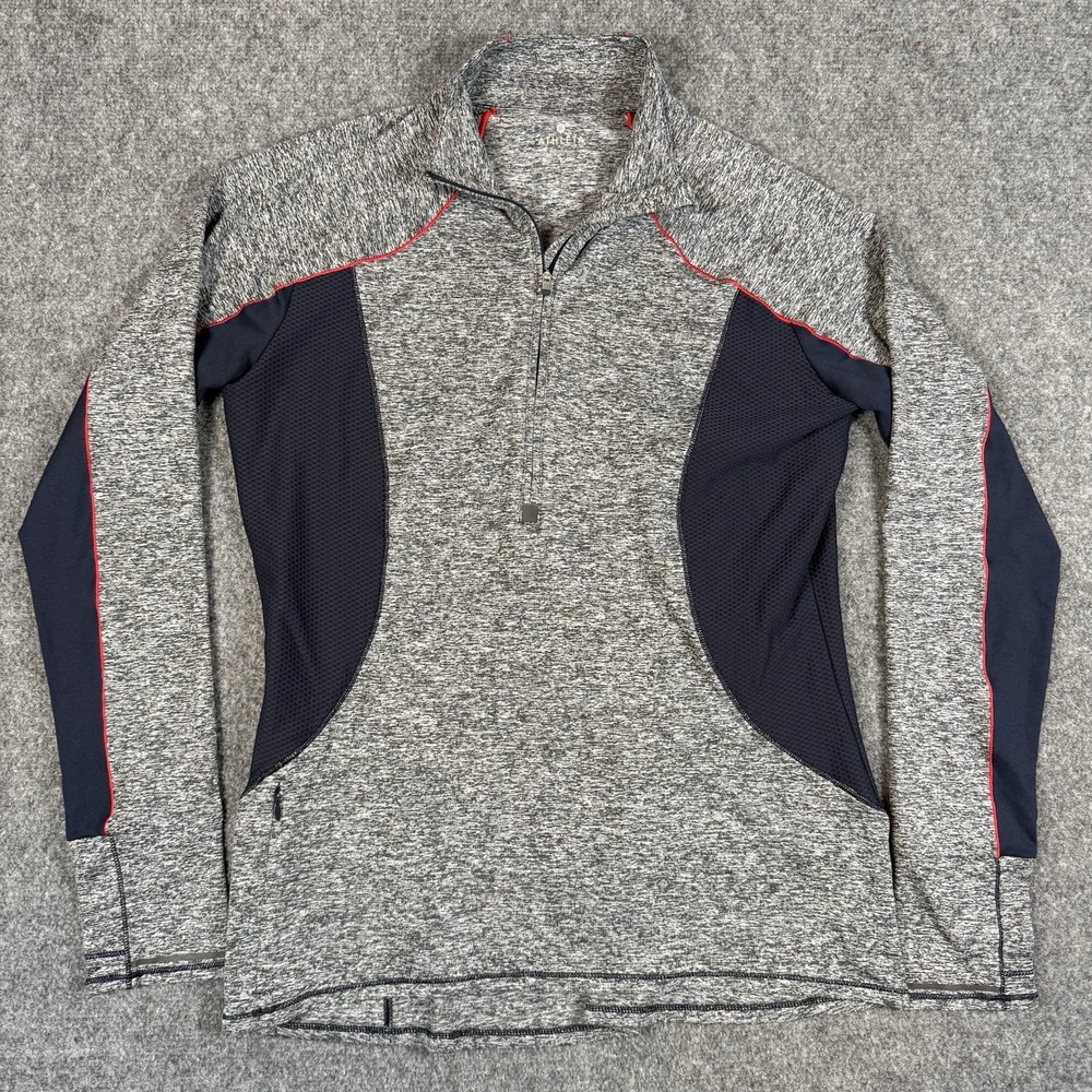 Athleta Womens L 1/2 Zip Running Pullover Heather Grey Navy Mesh Top 138805